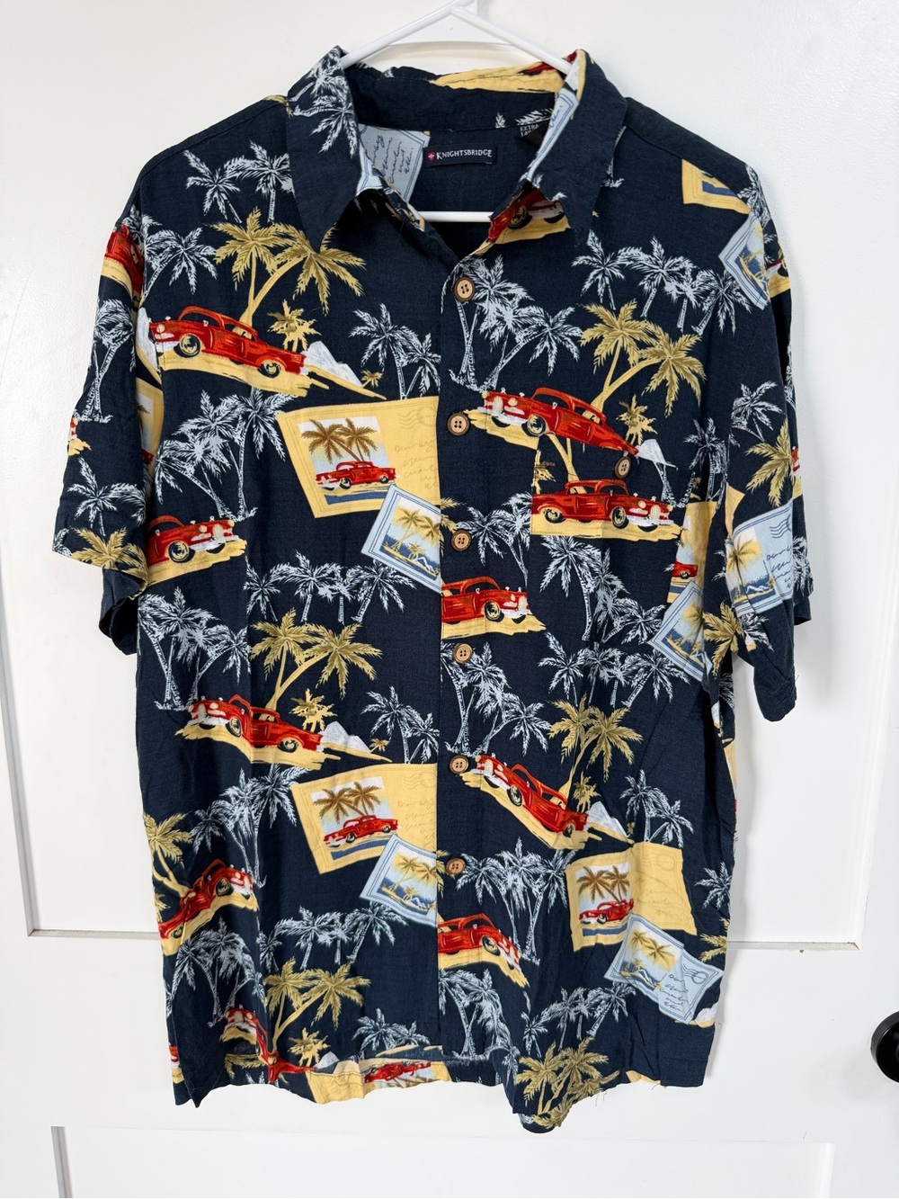 Knightsbridge Hawaiian Shirt XL Vintage Red Cars Tropical Postcard Navy Button